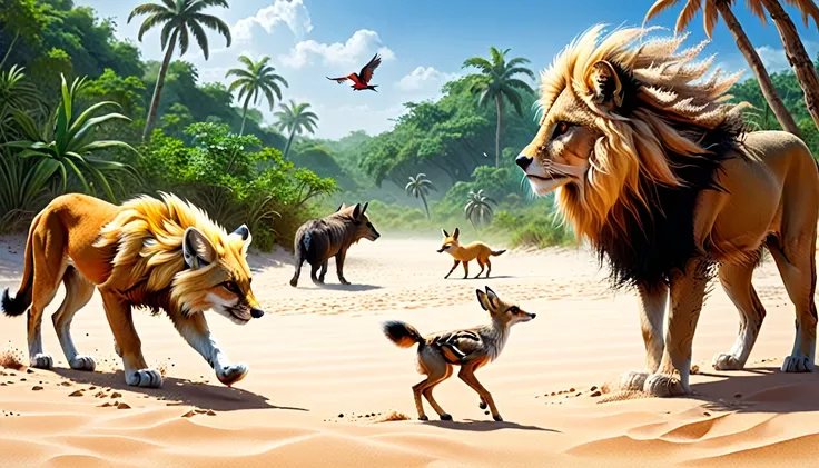 An array of wild beasts: a desert lion and a fennec fox on the sandy side, and a tropical bird and a small, wild boar on the jungle side, cautiously approaching each other near a meeting point where desert sands blend with the jungle’s edge.
