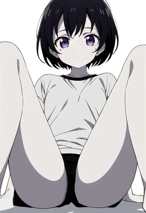 Highest quality, girl, thought, Sitting, Sitting on the floor, View your viewers, short hair, Black Hair, Pale skin, slim, T-Shirts, mole, White Background, cute, anime, Full Body Shot, from the front, From below