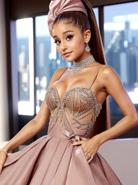 Ariana Grande, dressed in high fashion attire, highlighting elegance and allure, , front photo