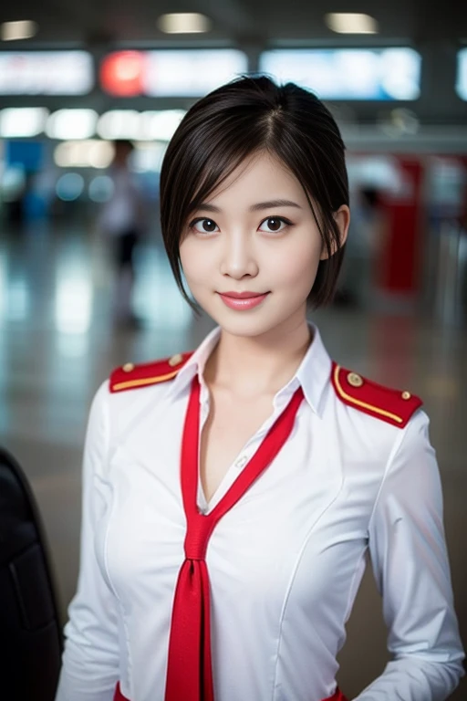 a gorgeous lady, age 21, flight attendant uniform, shenzhen airlines stewardess, natural pose in empty airport, dimpled smile, s...