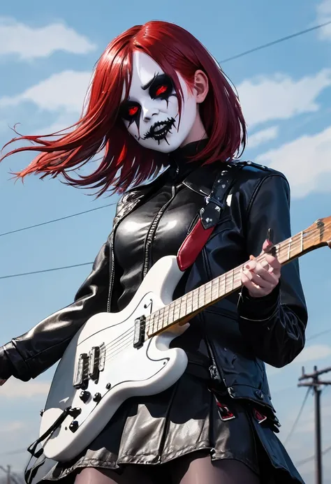 Black Metal girl, pale face, Black Metal make up, corpse paint face, red hair shoulder length, leather jacket, riding on a guitar in sky, electricity effects around her,  movement blur