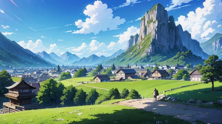 anime scenery of a village with a mountain in the background, anime countryside landscape, beautiful anime scenery, anime landscape, anime scenery, anime landscape wallpaper, anime background art, detailed scenery —width 672, anime beautiful peace scene, b...