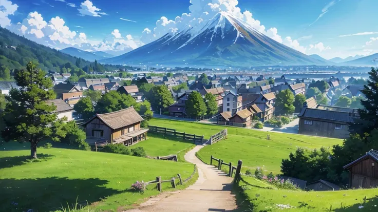 anime scenery of a village with a mountain in the background, anime countryside landscape, beautiful anime scenery, anime landscape, anime scenery, anime landscape wallpaper, anime background art, detailed scenery —width 672, anime beautiful peace scene, b...