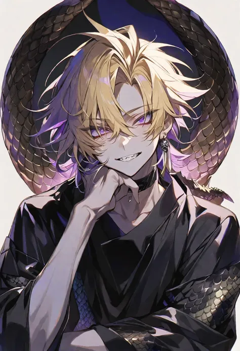 solo, handsome, 
1. male,
hair between eyes,Straight Hair,short Hair, 
blonde hair, 
Gojo Satoru,
purple Eyes,Soft look,beautiful,Sexy,Darkness,
Lots of silver earrings,choker,doragon skin,
Dragon Scale,,Jagged teeth,Cheek resting on hand,
Black long sleev...