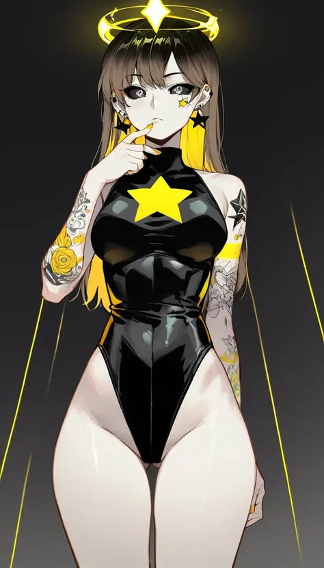 1girl, solo, tall, pale skin, (dark grey eyes, light grey sclera), small pupils, blank expression, neon yellow star themed crown, black long earrings, neck seam, [extremely long pastel brown hair, ((neon yellow inner hair))], neon yellow arm tattoos, (blac...