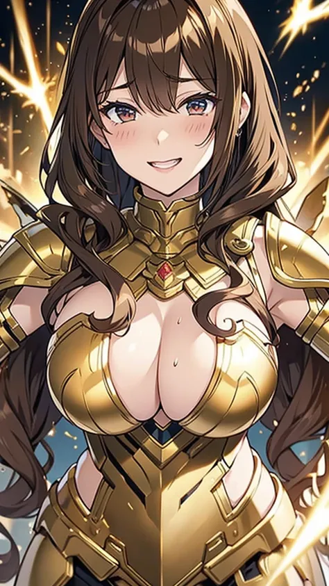 Gold Armor, 4K image, assembly, best quality, masterpiece, movie lighting ，Sexy，Huge Breasts，cleavage，action，In battle，noble，light beam from hand，Golden lightning surrounds，Short brown hair，curls，Blushing，Lipstick，Smile，The palm of the hand is extended tow...