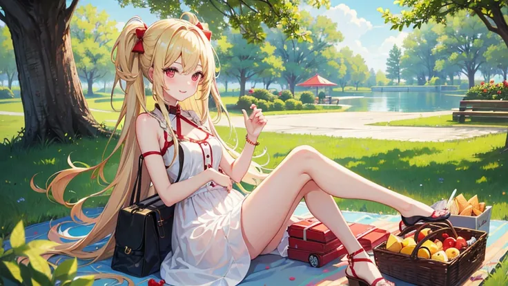 pretty girl, cute, happy, blonde hair, long hair, red eyes, summer, picnic, park