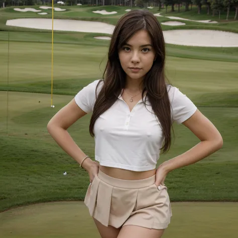 1girl in, 30 years old, Square face, Long hair, Looking at viewer, jewelry, Reality, Sexy, Short skirt outfit, , golf course backdrop, free pose