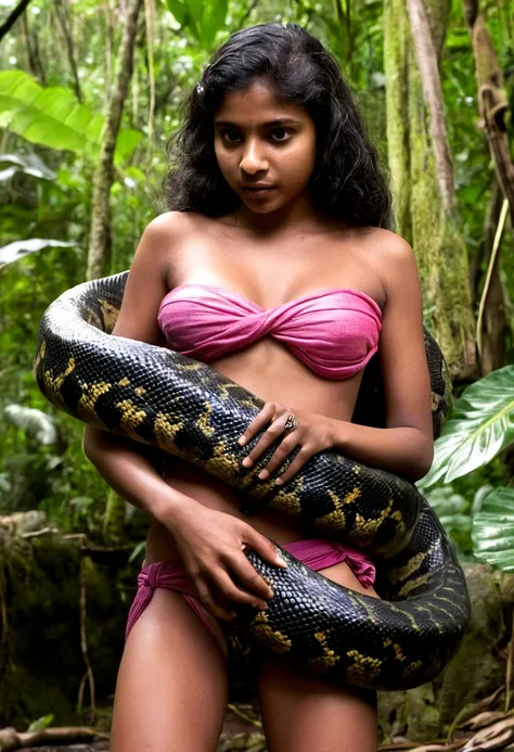  Topless  pink thong wearing aroused horny beautiful happy young Indian teen girl vs  Giant black anaconda monster wrapped around her body squeezing her in coiled embrace cuddling and kissing  sexual erotic bestiality  sex  realistic in the rainforest full...