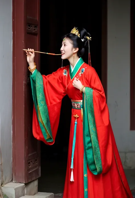 Wang Xifeng in red and green，Wearing a gold bracelet on her head，Standing on the threshold, picking teeth with an ear pick。