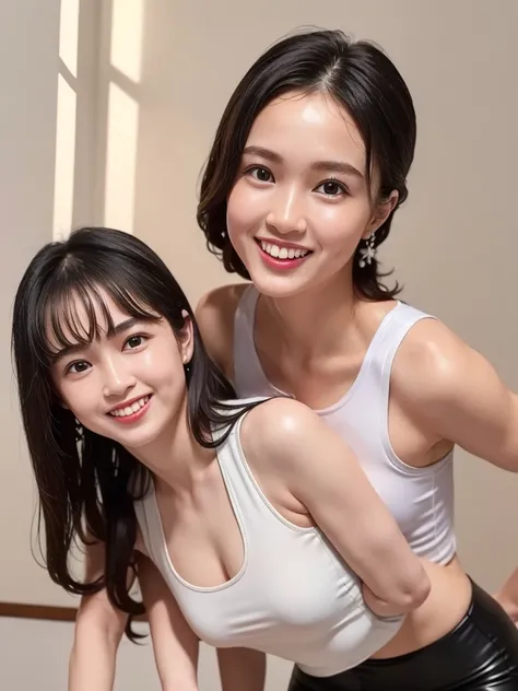 highest quality, masterpiece, Ultra-high resolution, realistic:1.3, solo:1.3, ((Clear Face)), upper body, from front, leaning forward, (glowing skin), (looking at camera:1.3), (white tank top, black leather leggings), standing in room, (medium chest:1.3), ...