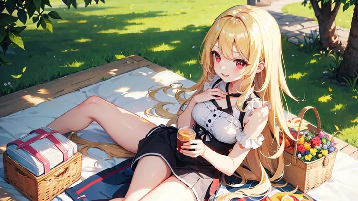 pretty girl, cute, happy, blonde hair, long hair, red eyes, round eyes, summer, picnic, park