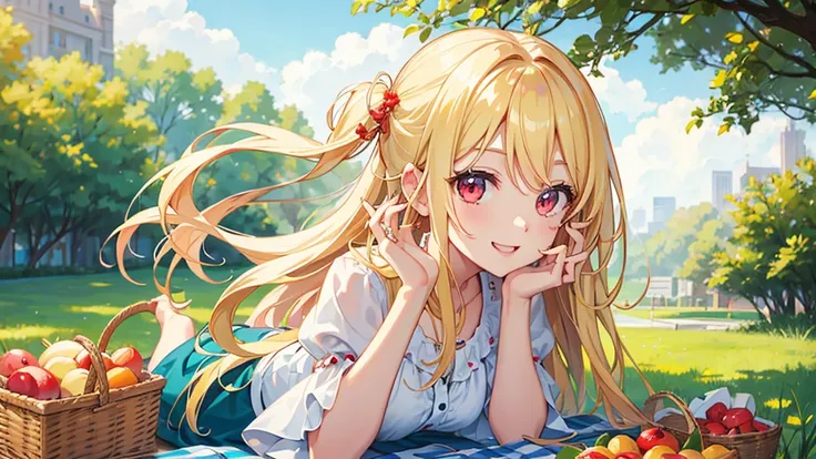 pretty girl, cute, happy, blonde hair, long hair, red eyes, round eyes, summer, picnic, park