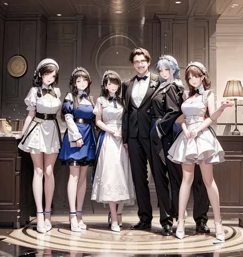 Five women in maid outfits surround a man，charming depiction，Lively and dynamic