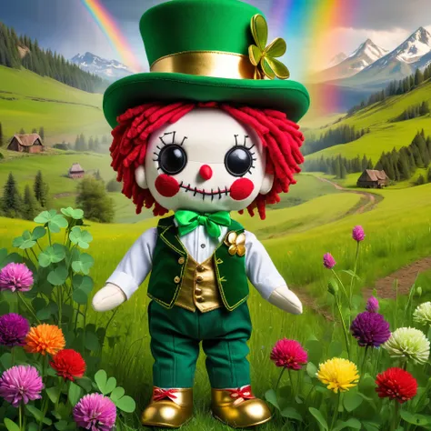 (knitted toy voodoo doll:1.8), (voodoo leprechaun:1.3), (holding a pot of gold:1.9), (wearing a green top hat with a gold buckle: 1.2), (green checkered vest:1.2), (red knee-length pants:1.4), (striped green and white socks: 1.2), (standing in a beautiful ...