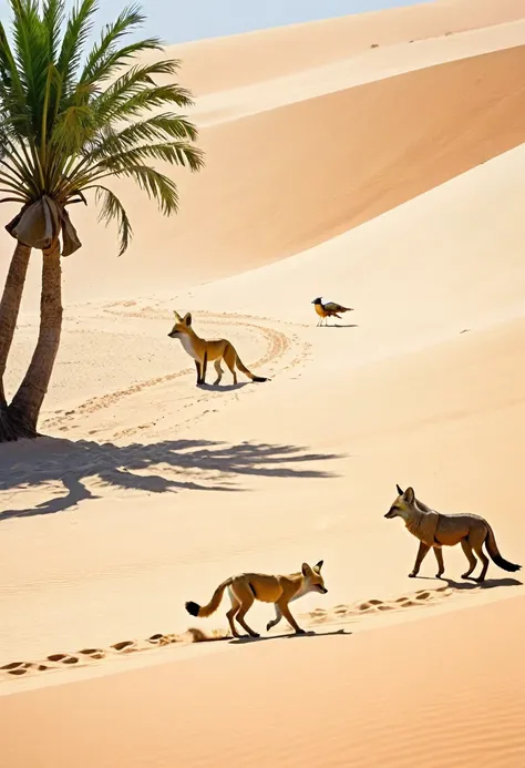 an array of wild beasts: a desert lion and a fennec fox on the sandy side, and a tropical bird and a small, wild boar on the jun...