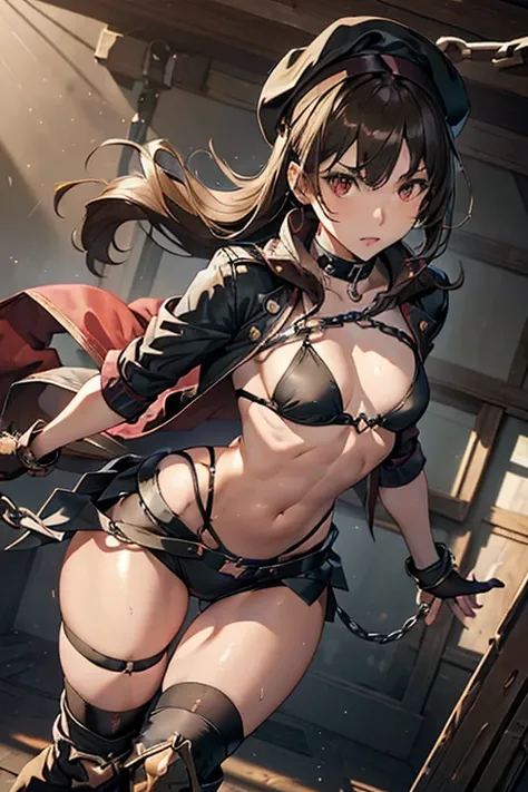 (small breasts:1.2), (perky chest:1.2), (pointed chest:1.2), dark bronde hair,long hair,side ponytail,hair between eyes,bangs, BREAK (beret, black jacket, open clothes, cleavage, midriff, black shorts, black thighhighs, thigh strap, fingerless gloves, sing...