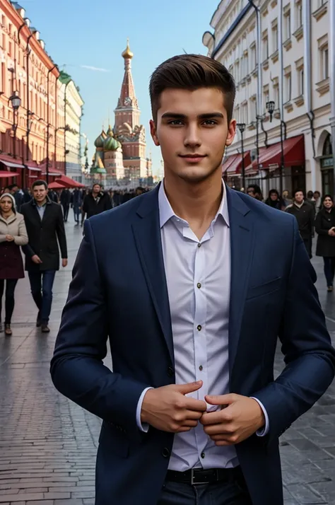 Handsome guy 24 years old against the backdrop of the Arbat in Moscow