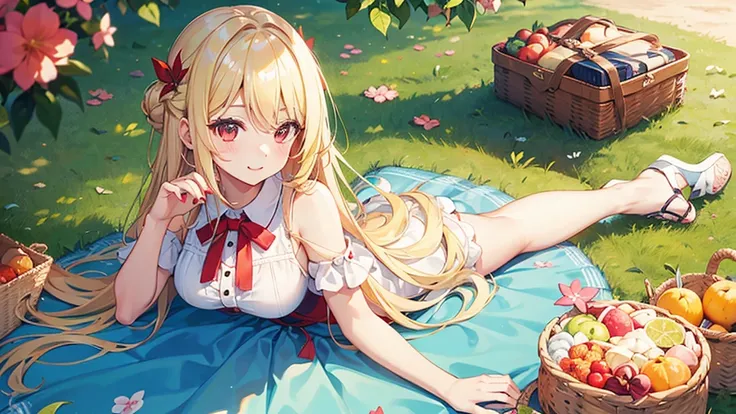 pretty girl, cute, happy, blonde hair, long hair, red eyes, round eyes, summer, picnic, park.