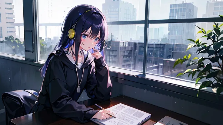 Midnight、Inside the room、Rain outside the window、Young girl、Wearing headphones、Concentrate and study at your desk、Notebook on desk、coffee、smartphone、There is only a small light from the desk in the room.、Side view