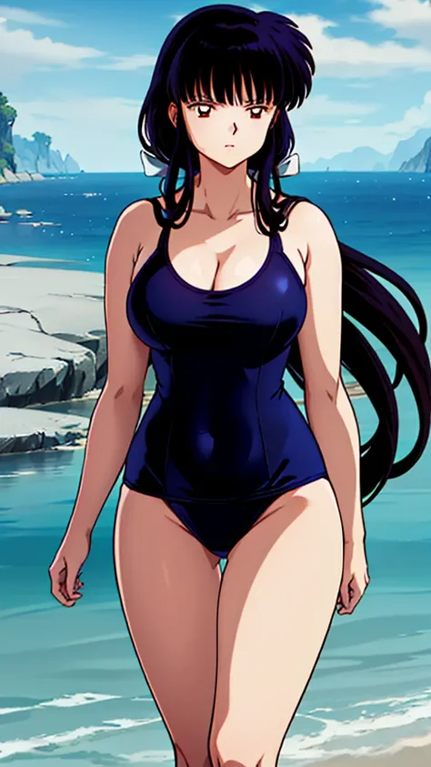 (masterpiece, 4K, Highest quality, anime style: 1.9, Detailed face, Lovely, Ocean,Bold, High resolution, anime, Lake 4. alone, Curvaceous, Thighs, Cleavage, Center of chest, Very slim belly, Cowboy Shot, (School Swimsuit),1 Girl,Inuyasha_Bellflower, Side L...