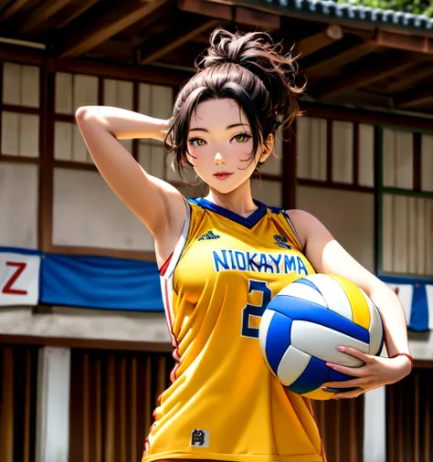 arafed asian woman in yellow shirt holding a volleyball ball, wearing a volleyball jersey, Portrait Shot, Shot with the Nikon Z9, Tadashi Nakayama, Japanese Model, by Yokoyama Taikan, volleyball, 