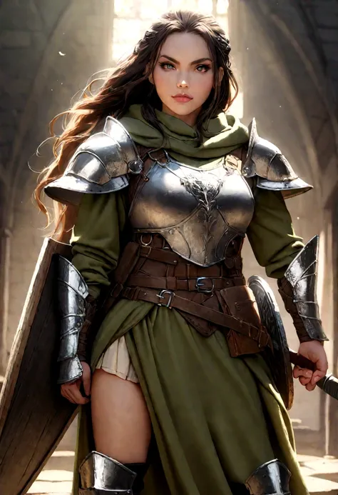 Strong and beautiful New Zealand Maori warrior woman,in tactical clothes with Maori tattoos, medieval armor, 
 wearing a green hoodie with the word NEARVIDIA in the center, holding a shield with the NEARVIDIA logo and weapons.  The image is extremely reali...