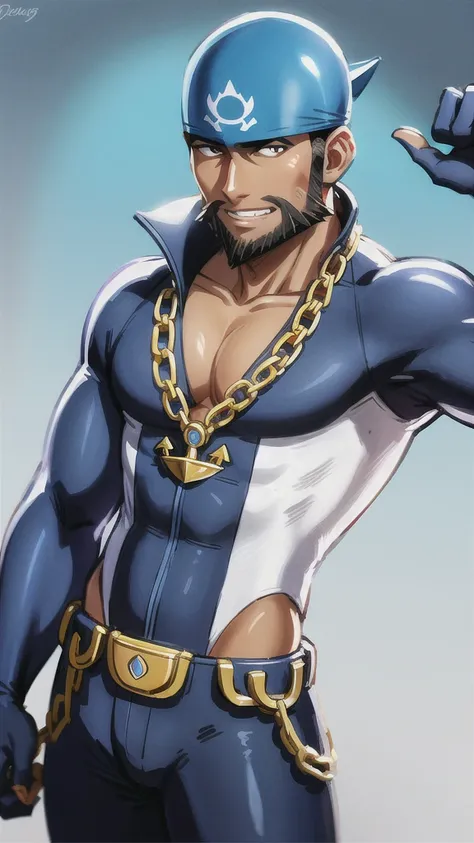 beard, male focus, wetsuit, bandana, 1boy, facial hair, dark skin, pectorals, dark-skinned male, blue bandana, smile, chain necklace, jewelry, necklace, anchor necklace, bara, bodysuit, muscular, muscular male, pokemon (creature), short hair, blue bodysuit...