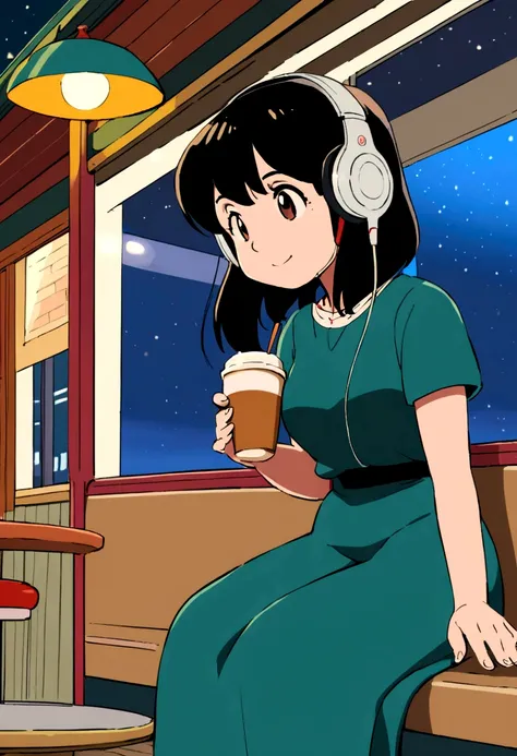 Girl sitting in cafe,Wearing headphones,sunny,Night Sky,Drink coffee, Ghibli Style,Japanese