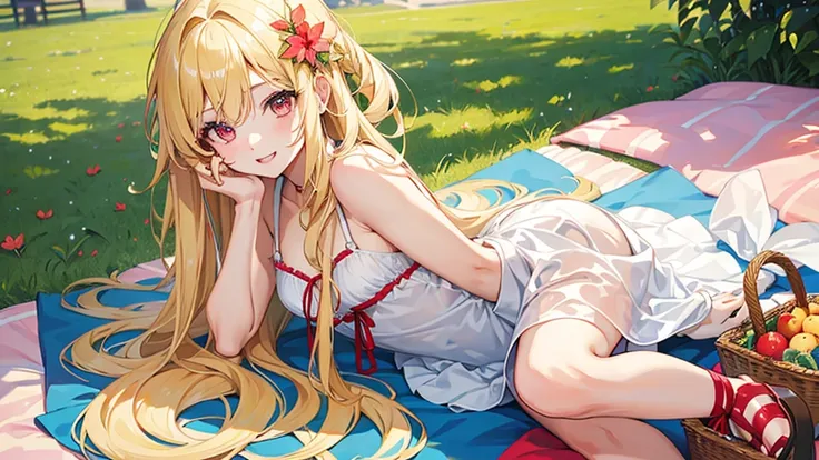 pretty girl, cute, happy, blonde hair, long hair, red eyes, gentle looking eyes, summer, picnic, park