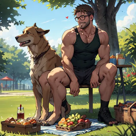 a man with a dark blond beard well groomed ,a dark blond hair   , a golden retriever dog sitting near him, the man wearing( glasses, green tanktop,white short ), in a park, the man sitting over a table  cloth on the grass near picnic basket , high well det...