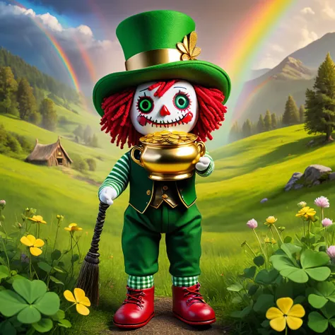 (knitted toy voodoo doll:1.8), (voodoo leprechaun with a pot of gold:1.5), (holding a pot of gold:1.9), (wearing a green top hat with a gold buckle: 1.2), (green checkered vest:1.2), (red knee-length pants:1.4), (striped green and white socks: 1.2), (stand...