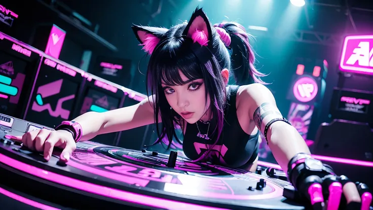 arafed woman in a black top and pink shorts playing a game of dj, cyber punk setting, raver girl, rave girl, girl with cat ears at a rave, dj rave party, dj at a , nightclub dancing inspired, playing techno house music, turntablism dj scratching, cyberpunk...