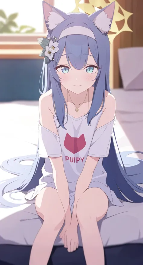 1girl
mari (blue archive)
bare legs, blue eyes, blush, fox ears, fox girl, from above, hair between eyes, halo, hand between legs, heart print, indoors, long hair, looking at viewer, looking up, necklace, off shoulder, on bed
newest, pillow, shirt, bare sh...