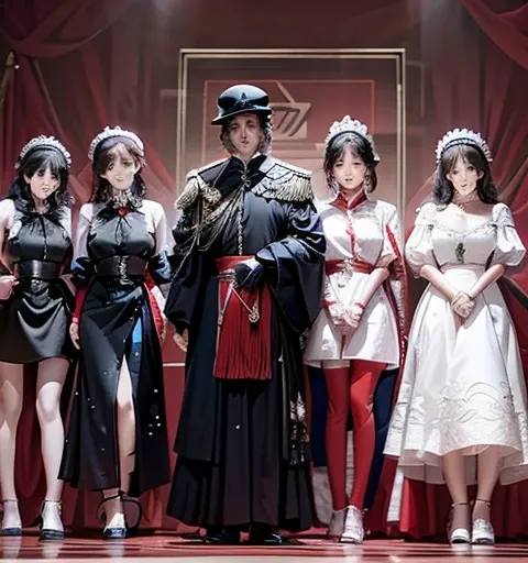 Five women in maid outfits surround a man，charming depiction，Lively and dynamic，Man handing out red envelope