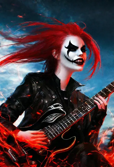 Black Metal girl, pale face, Black Metal make up, corpse paint face, red hair shoulder length, leather jacket, riding on a guitar in sky, electricity effects around her,  movement blur