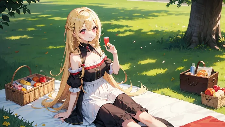 pretty girl, cute, happy, blonde hair, long hair, red eyes, gentle looking eyes, summer, picnic, park