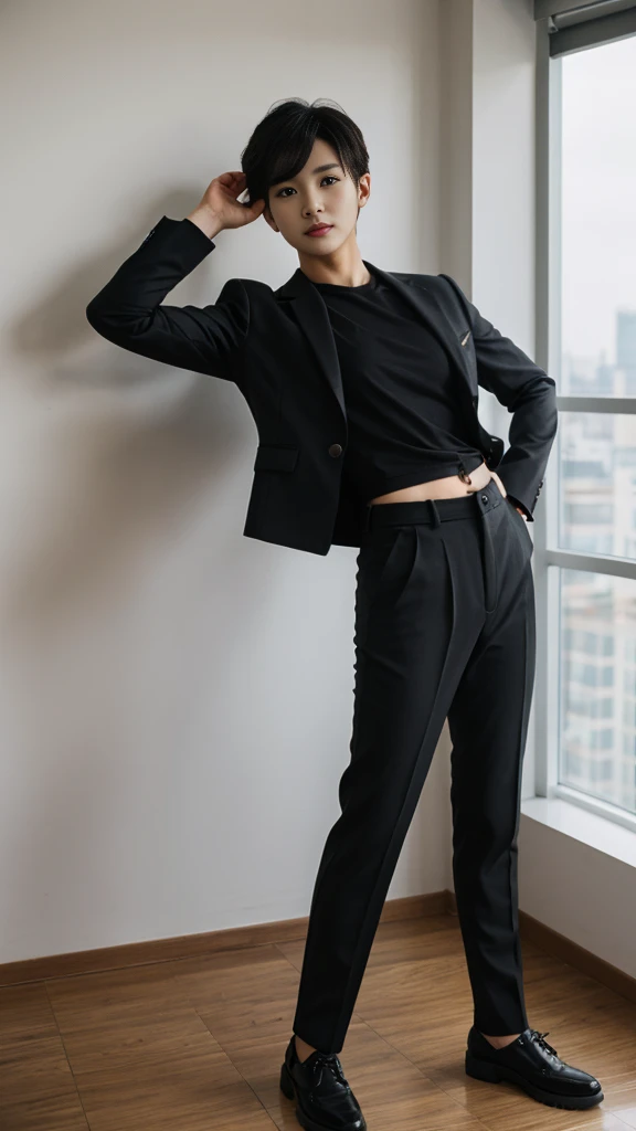 A Korean woman with short hair and feminine face features crossdressing as a man wearing mans suit, long sleeved shirt, pants, and combat shoes standing in an office with masculine pose and fierce expression, facing straight to the camera, muscular build, ...