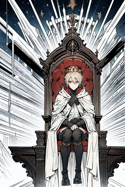 Tall, tannish, male, equipped with battle suit, covered by aqua cloak, blonde hair in manbun, red eyes, handsome, sitting down calmly in night, hood covering face, alone, sitting on throne, with a small crown on.