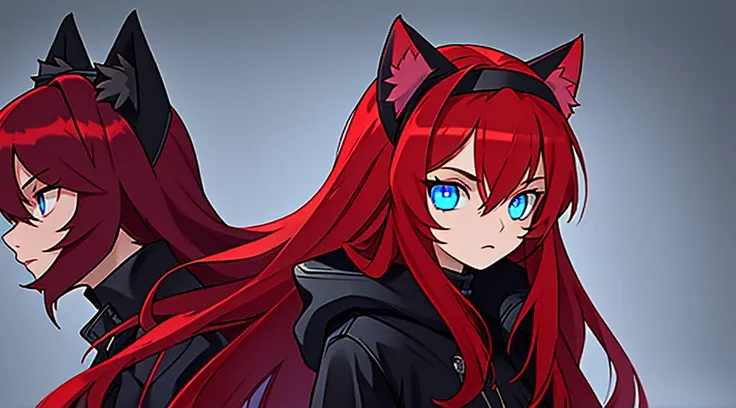 woman　Blue Eyes　Red cat ears headband　Black coat