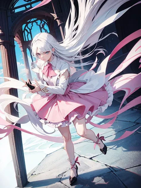 Vergil Devil may cry with white hair Wearing a pink dress Skirt And with heels 