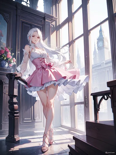 Vergil Devil may cry with white hair Wearing a pink dress Skirt And with heels 