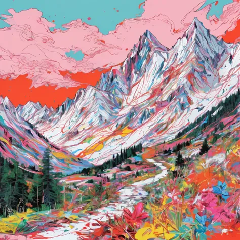 graffit, scribble, Comics by Petra Cortright, best qualityer, work of art, mountain artwork, Representative work, offcial art, proffesional, ultra intricate detailed, 8K, mountain art, coloured background 