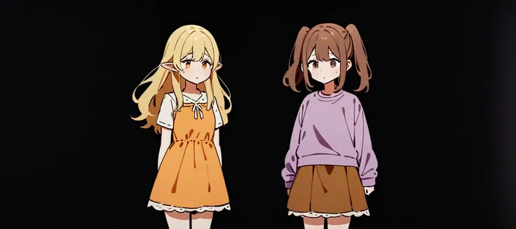 girl, Brown hair, two ponytails in hair, human ears, Brown eyes, White T-shirt, orange sundress, Black Belt, Short skirt, white lace at the end of the skirt, White background, full height, 2girl, blonde hair, Dark eyes, long hair, loose hair, purple sweats...