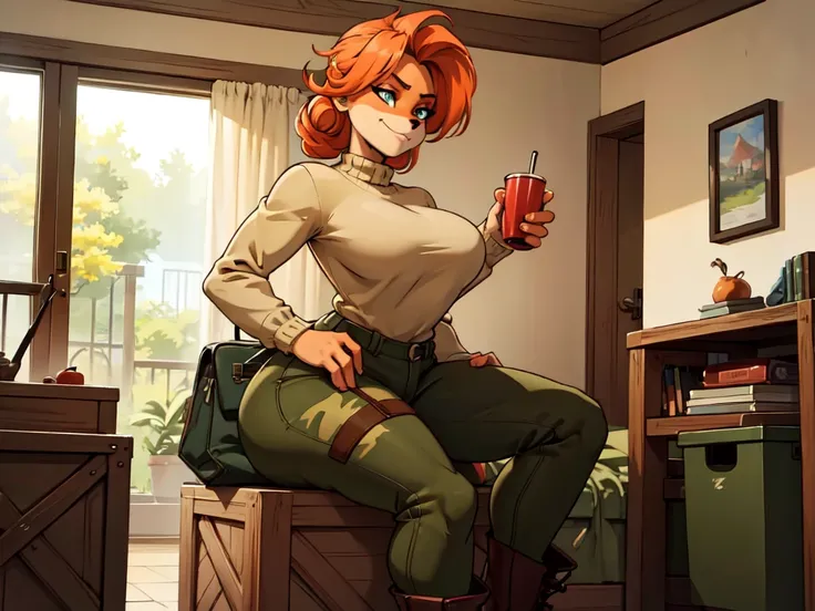 (best quality,4k,8k,highres,masterpiece:1.2),ultra-detailed,realistic:1.37,portrait,anthro bandicoot girl redhead, braided hair, beautiful green eyes, relaxing moment, sexy ,seductive, warm sweater, camouflage pants, army boots, smirking, cozy lighting, vi...