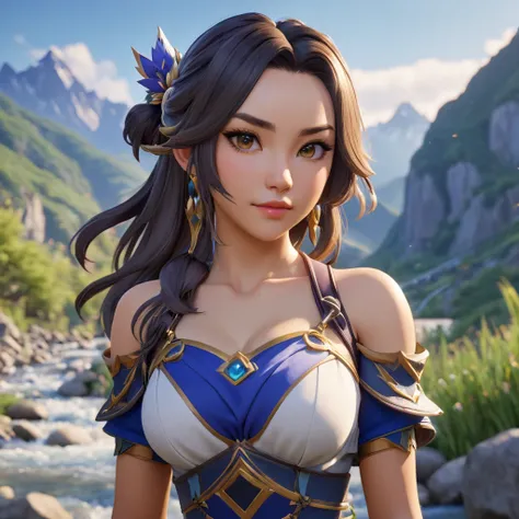 1 girl, pretty face, Mona from Genshin Impact, realistic skin, perfect anatomy, full body, mountains with high peaks in the background with a river in the valley, cinematic lighting, UHD, masterpiece, anatomically correct, high details, high quality, award...