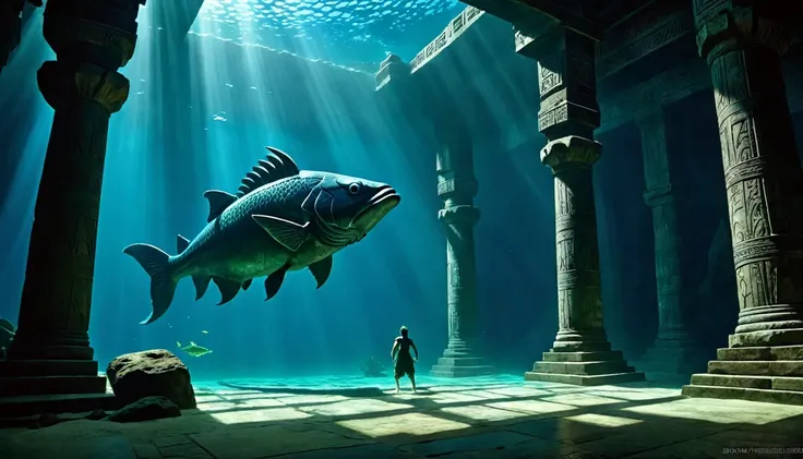 on one side, the underwater scene with a massive, ancient fish (reminiscent of the creature that swallowed jonah) swimming throu...