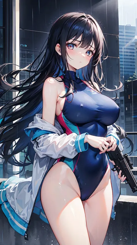 (holding gun),(Blue one-piece swimsuit),Blushing cheeks,Expressionless,Big Breasts,Golden Eyes,Black Hair,long hair,forehead,wavy hair,(looking away),(1 Girl),master piece , best quality,(high resolution),City,skyscraper,rain