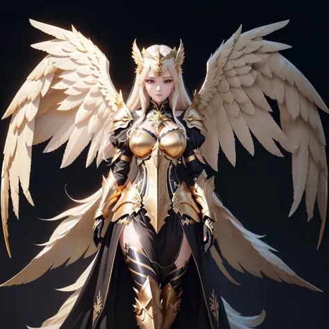 a woman in a gold and black outfit with wings, angel knight girl, angel in plastic armor, angelic golden armor, angel knight gothic girl, armor angle with wing, full - body majestic angel, as a mystical valkyrie, mystical valkyrie, anime goddess, 2. 5 d cg...