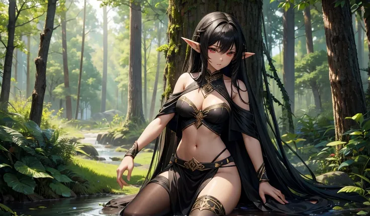 Black-haired young elf with pointed ears，Dark skin，black persian clothing，Bare waist，transparent long skirt，thong，cleavage，thigh，forest